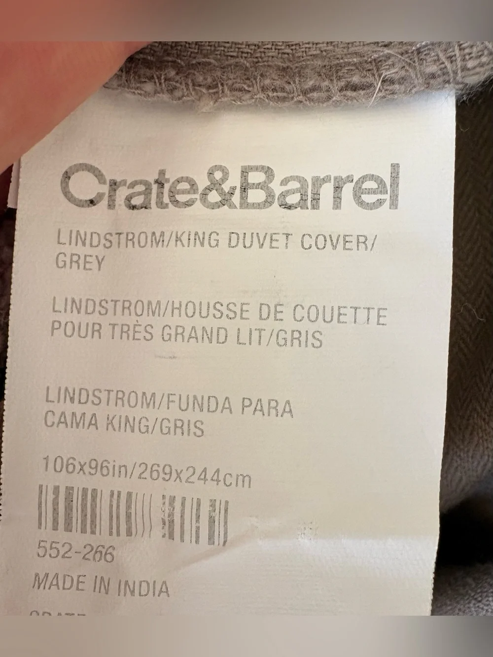 Crate & Barrel King Duvet Cover + 2 King Shams Greige Textured Linen Blend Set